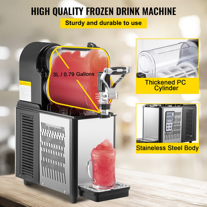 VEVOR Commercial Slushy Machine, 3L Single Bowl Slush Drink Maker, 330W Frozen Drink Machine with Temperature Preservation, Stainless Steel Home Slush Frozen Drink Machine Automatic Clean, Black