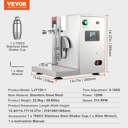 VEVOR Milkshake Maker Machine, 120W Commercial Milk Tea Shaker Machine, Single Head Milk Shake Mixer Machine, 0-180s Adjustable Milkshake Blender, with 750 ml Stainless Steel Cup, for Milk Tea Store