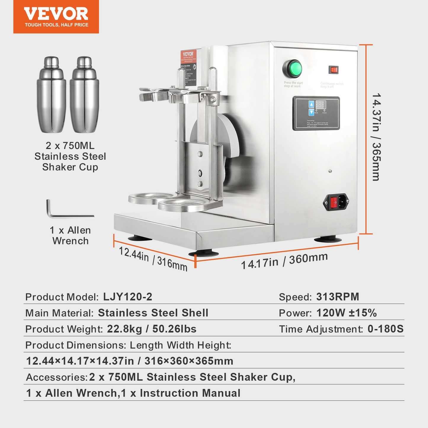 VEVOR Milkshake Maker Machine, 120W Commercial Milk Tea Shaker Machine, Double Head Milk Shake Mixer Machine, 0-180s Adjustable Milkshake Blender, with 750 ml Stainless Steel Cup, for Milk Tea Store