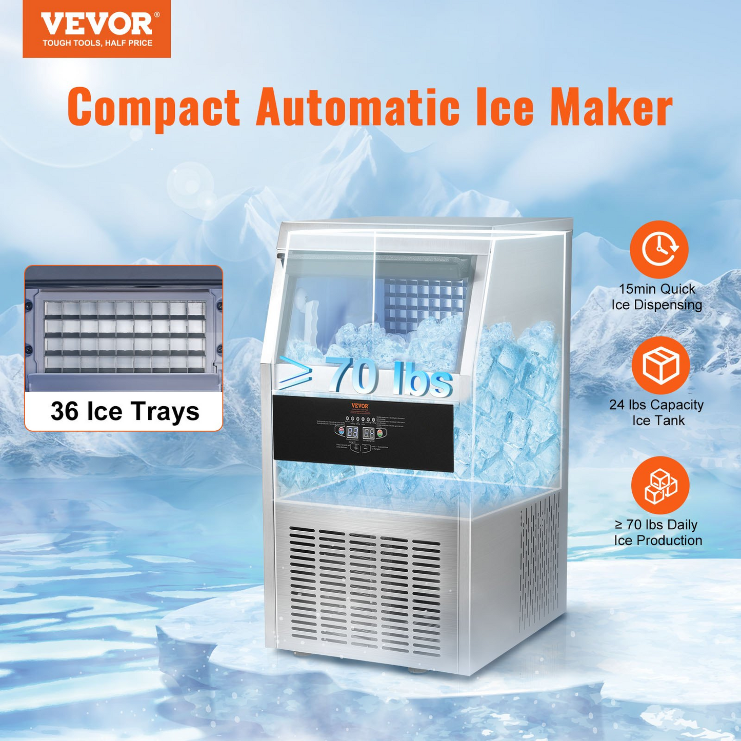 VEVOR 110V Commercial Ice Maker Machine 70LBS/24H with 24LBS Bin, Stainless Steel Automatic Operation Under Counter Ice Machine for Home Bar, Include Water Filter, Scoop, Connection Hose