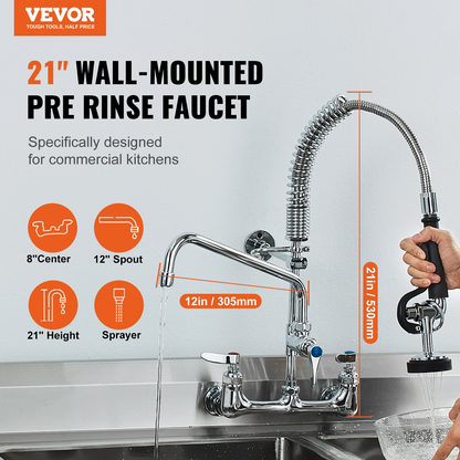 VEVOR Commercial Faucet with Pre-Rinse Sprayer, 21" Height, 8" Center, 12" Swing Spout, Wall Mount Kitchen Sink Faucet, Brass Constructed Device with Pull Down Spray, for 1/2/3 Compartment Sink