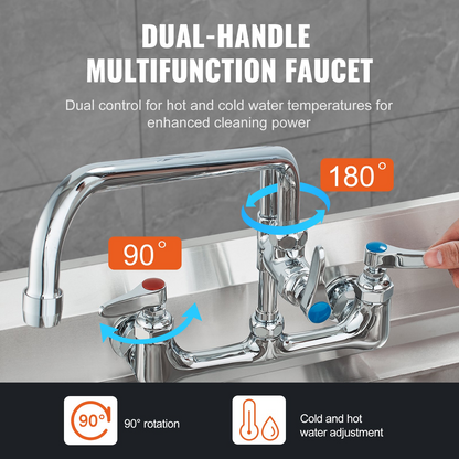 VEVOR Commercial Faucet with Pre-Rinse Sprayer, 47" Height, 8" Center, 12" Swing Spout, Wall Mount Kitchen Sink Faucet, Brass Constructed Device with Pull Down Spray, for 1/2/3 Compartment Sink