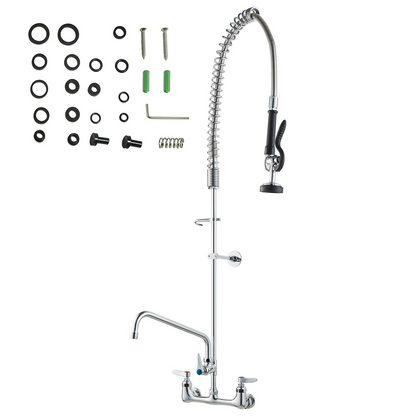 VEVOR Commercial Faucet with Pre-Rinse Sprayer, 47" Height, 8" Center, 12" Swing Spout, Wall Mount Kitchen Sink Faucet, Brass Constructed Device with Pull Down Spray, for 1/2/3 Compartment Sink