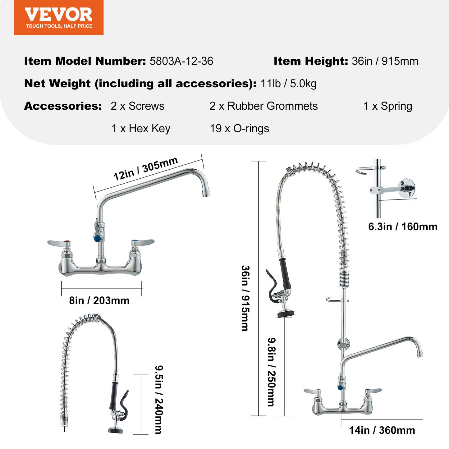 VEVOR Commercial Faucet with Pre-Rinse Sprayer, 36" Height, 8" Center, 12" Swing Spout, Wall Mount Kitchen Sink Faucet, Brass Constructed Device with Pull Down Spray, for 1/2/3 Compartment Sink