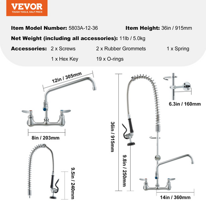 VEVOR Commercial Faucet with Pre-Rinse Sprayer, 36" Height, 8" Center, 12" Swing Spout, Wall Mount Kitchen Sink Faucet, Brass Constructed Device with Pull Down Spray, for 1/2/3 Compartment Sink