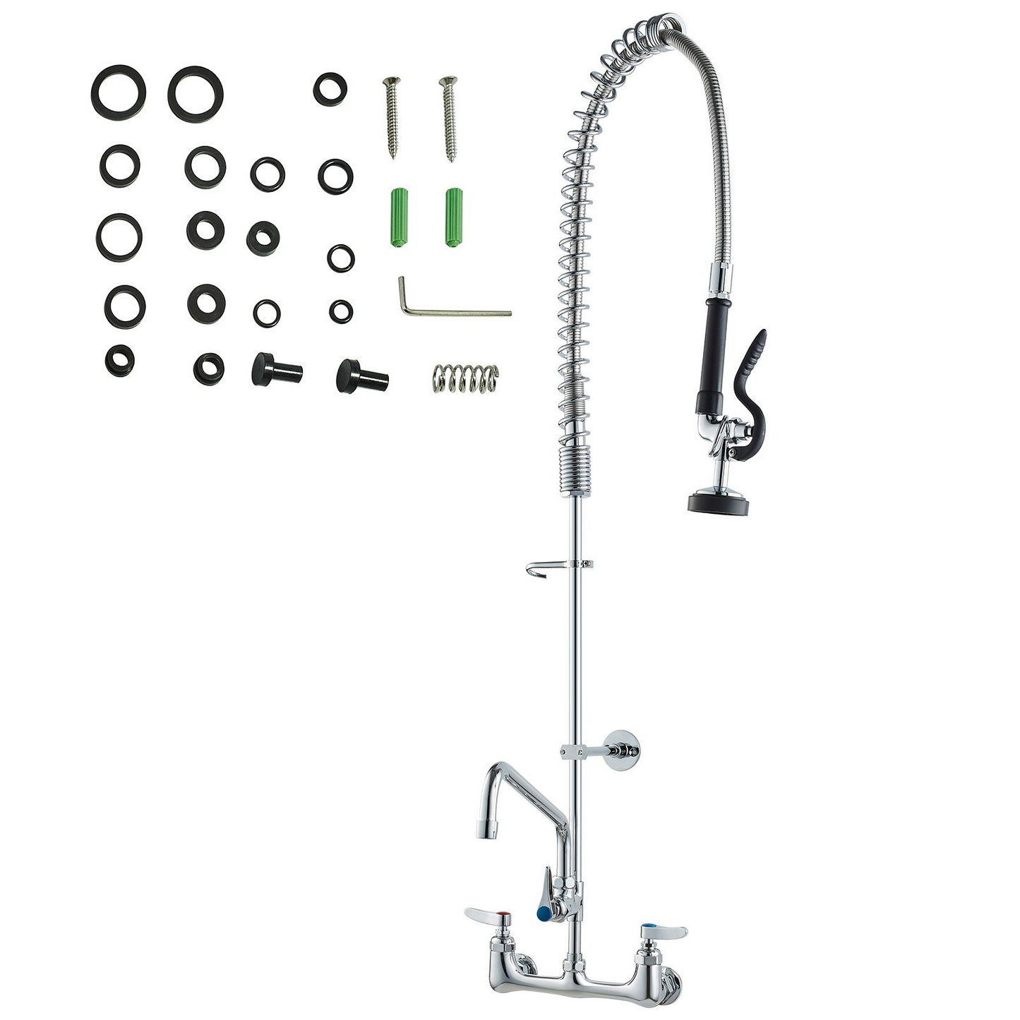 VEVOR Commercial Faucet with Pre-Rinse Sprayer, 44" Height, 8" Center, 12" Swing Spout, Wall Mount Kitchen Sink Faucet, Brass Constructed Device with Pull Down Spray, for 1/2/3 Compartment Sink