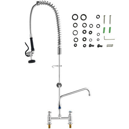 VEVOR Commercial Faucet with Pre-Rinse Sprayer, 44" Height, 8" Center, 12" Swing Spout, Deck Mount Kitchen Sink Faucet, Brass Constructed Device with Pull Down Spray, for 1/2/3 Compartment Sink