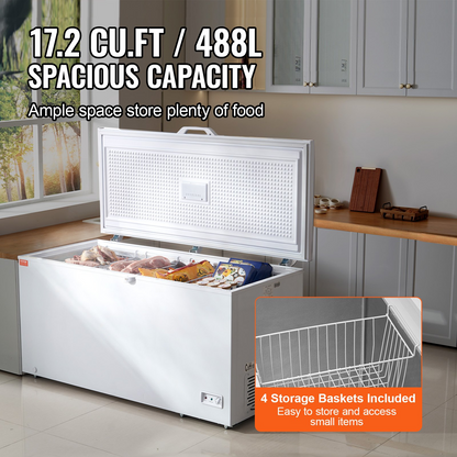 VEVOR Chest Freezer, 17.2 Cu.ft / 488 L Large Deep Freezer & 4 Removable Baskets, Freestanding Top Open Door Commercial Chest Freezers with Locking Lid, 7-Level Adjustable Temp, LED Lighting, 6 Wheels