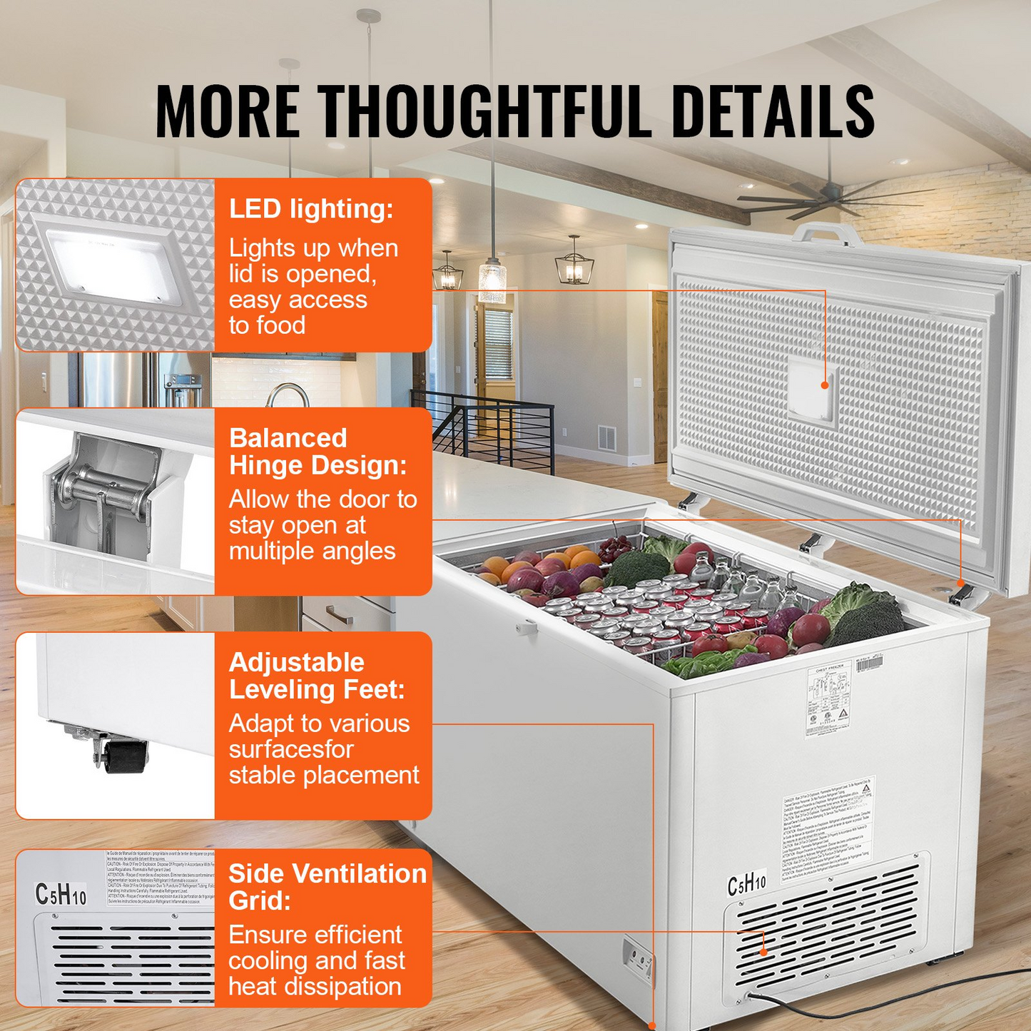 VEVOR Chest Freezer, 17.2 Cu.ft / 488 L Large Deep Freezer & 4 Removable Baskets, Freestanding Top Open Door Commercial Chest Freezers with Locking Lid, 7-Level Adjustable Temp, LED Lighting, 6 Wheels