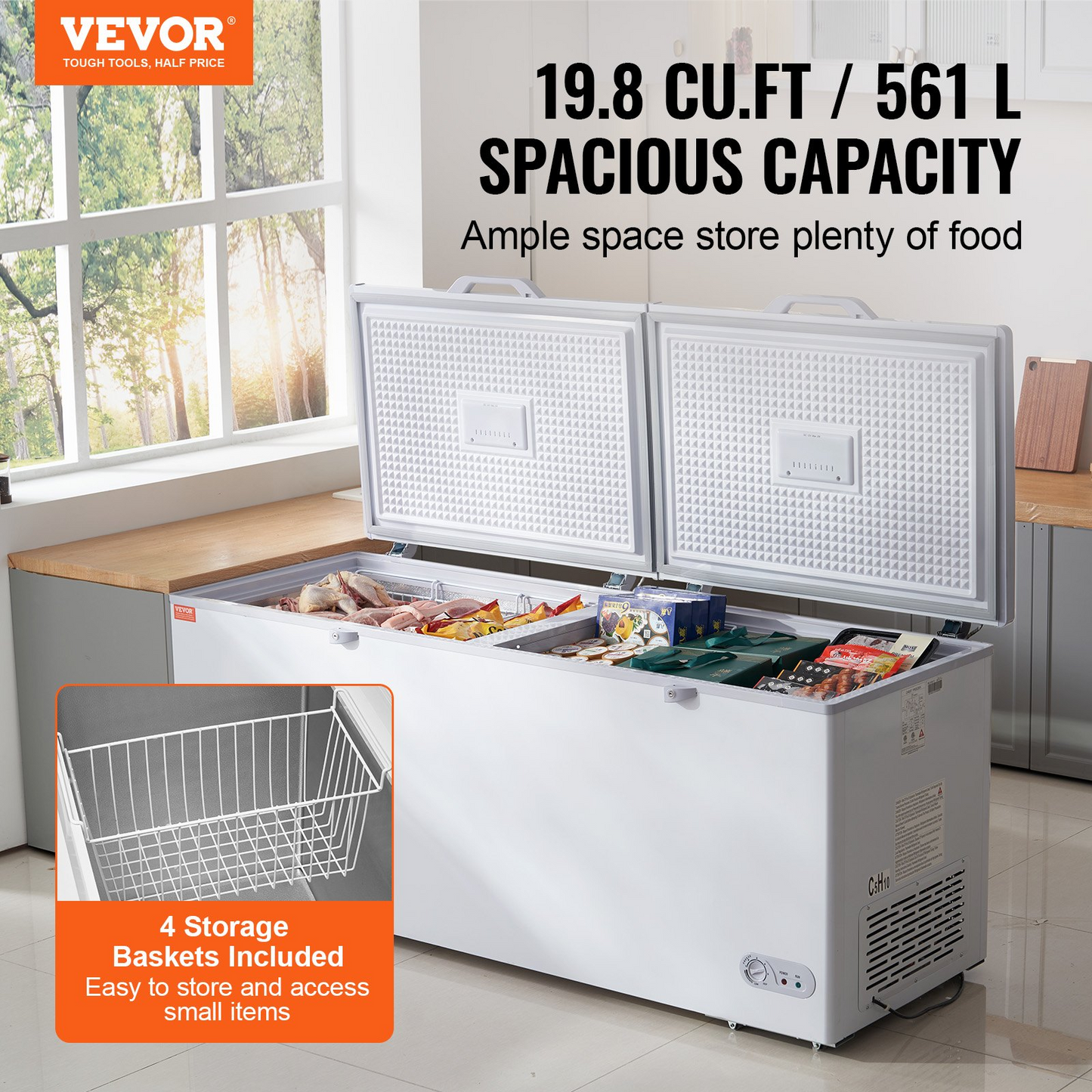 VEVOR Chest Freezer, 19.8 Cu.ft / 561 L Large Deep Freezer with Split Top Double Locking Lids, Freestanding Commercial Chest Freezer & 4 Removable Baskets, 7-Level Adjustable Temp, LED Light, 6 Wheels