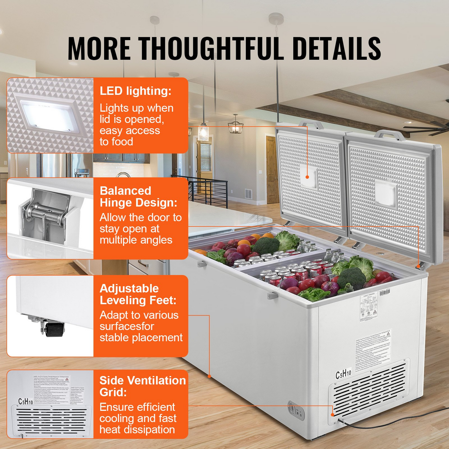 VEVOR Chest Freezer, 19.8 Cu.ft / 561 L Large Deep Freezer with Split Top Double Locking Lids, Freestanding Commercial Chest Freezer & 4 Removable Baskets, 7-Level Adjustable Temp, LED Light, 6 Wheels