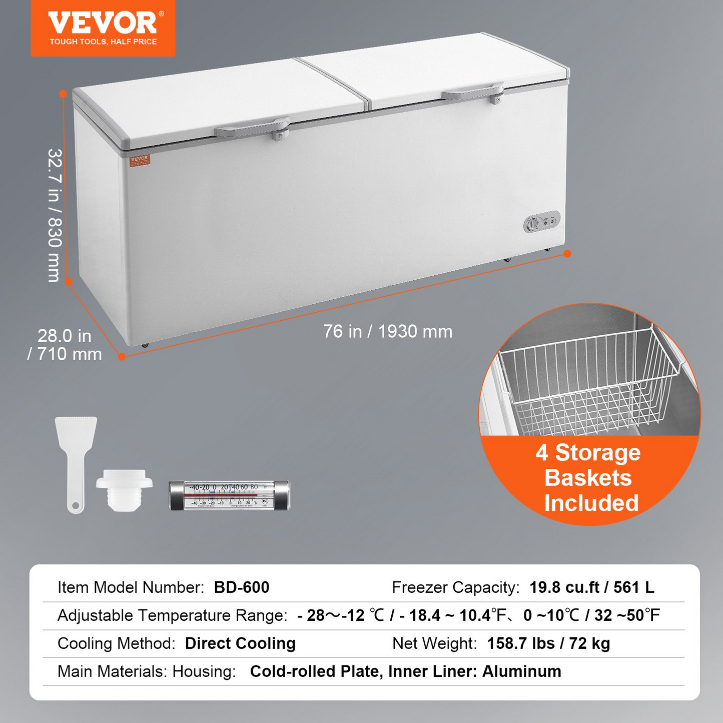 VEVOR Chest Freezer, 19.8 Cu.ft / 561 L Large Deep Freezer with Split Top Double Locking Lids, Freestanding Commercial Chest Freezer & 4 Removable Baskets, 7-Level Adjustable Temp, LED Light, 6 Wheels