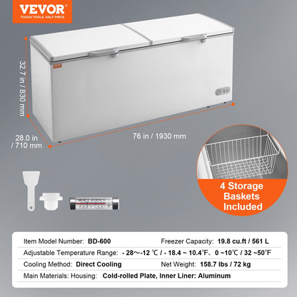 VEVOR Chest Freezer, 19.8 Cu.ft / 561 L Large Deep Freezer with Split Top Double Locking Lids, Freestanding Commercial Chest Freezer & 4 Removable Baskets, 7-Level Adjustable Temp, LED Light, 6 Wheels