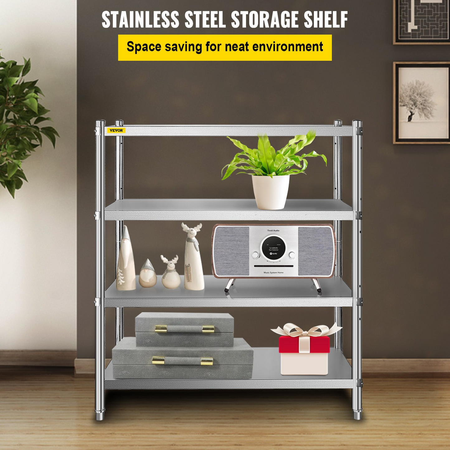 VEVOR Stainless Steel Shelving 48x24x59 Inch 4 Tier Adjustable Shelf Storage Unit Stainless Steel Heavy Duty Shelving for Kitchen Commercial Office Garage Storage 330lb Per Shelf