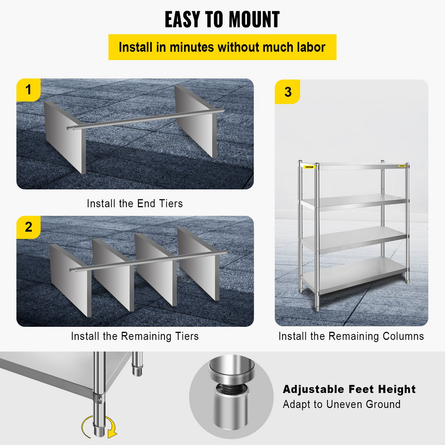 VEVOR Stainless Steel Shelving 48x24x59 Inch 4 Tier Adjustable Shelf Storage Unit Stainless Steel Heavy Duty Shelving for Kitchen Commercial Office Garage Storage 330lb Per Shelf