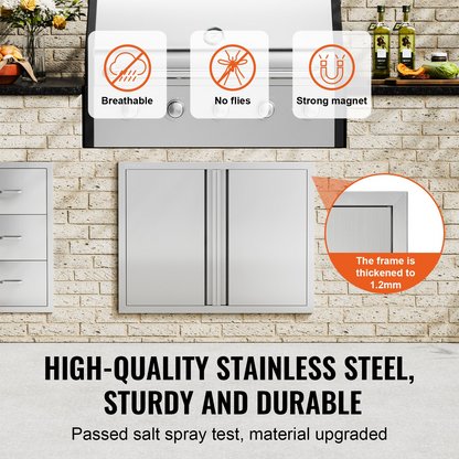 VEVOR BBQ Access Door, 31W x 24H Inch Double Outdoor Kitchen Door, Stainless Steel Flush Mount Door, Wall Vertical Door with Recessed Handles , for BBQ Island, Grilling Station, Outside Cabinet