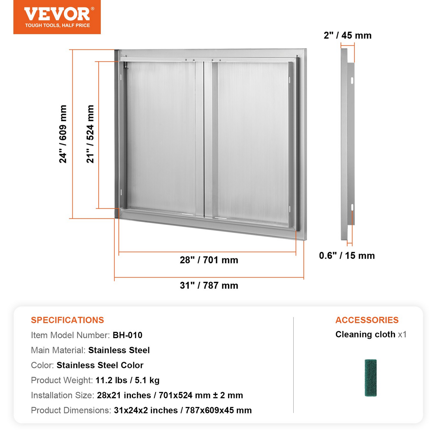 VEVOR BBQ Access Door, 31W x 24H Inch Double Outdoor Kitchen Door, Stainless Steel Flush Mount Door, Wall Vertical Door with Recessed Handles , for BBQ Island, Grilling Station, Outside Cabinet