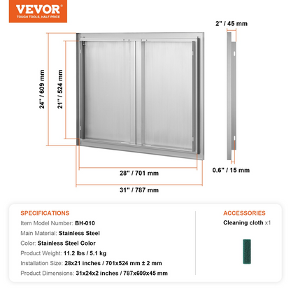 VEVOR BBQ Access Door, 31W x 24H Inch Double Outdoor Kitchen Door, Stainless Steel Flush Mount Door, Wall Vertical Door with Recessed Handles , for BBQ Island, Grilling Station, Outside Cabinet