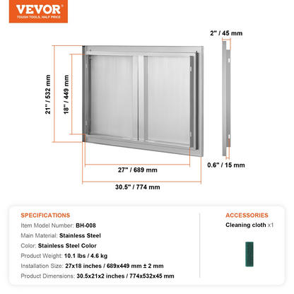 VEVOR BBQ Access Door, 30W x 21H Inch Double Outdoor Kitchen Door, Stainless Steel Flush Mount Door, Wall Vertical Door with Recessed Handles , for BBQ Island, Grilling Station, Outside Cabinet