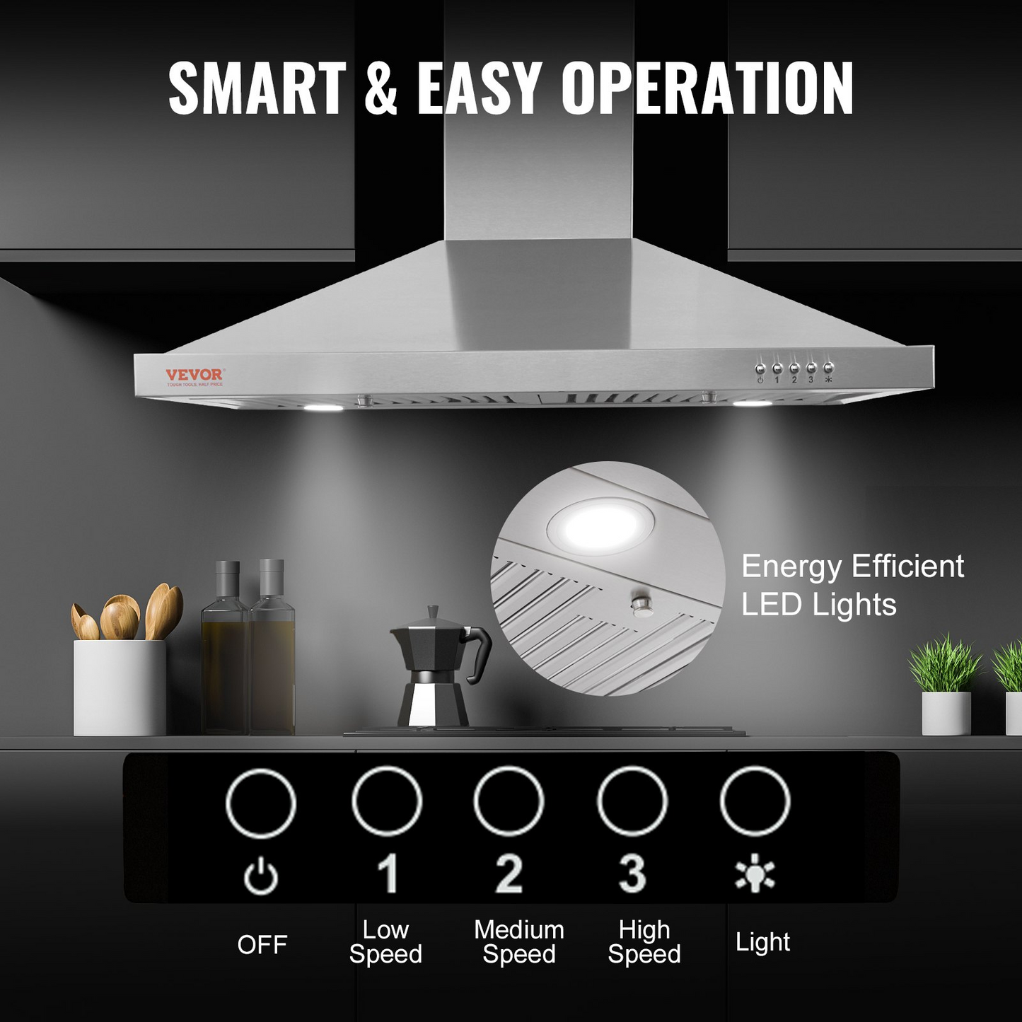 VEVOR Wall Mount Range Hood, Ductless Chimney-Style Kitchen Stove Vent, Stainless Steel Permanent Filter with 3-Speed Exhaust Fan, 2 Baffle Filters, LED Lights, Push Button, Silver (30 inch)