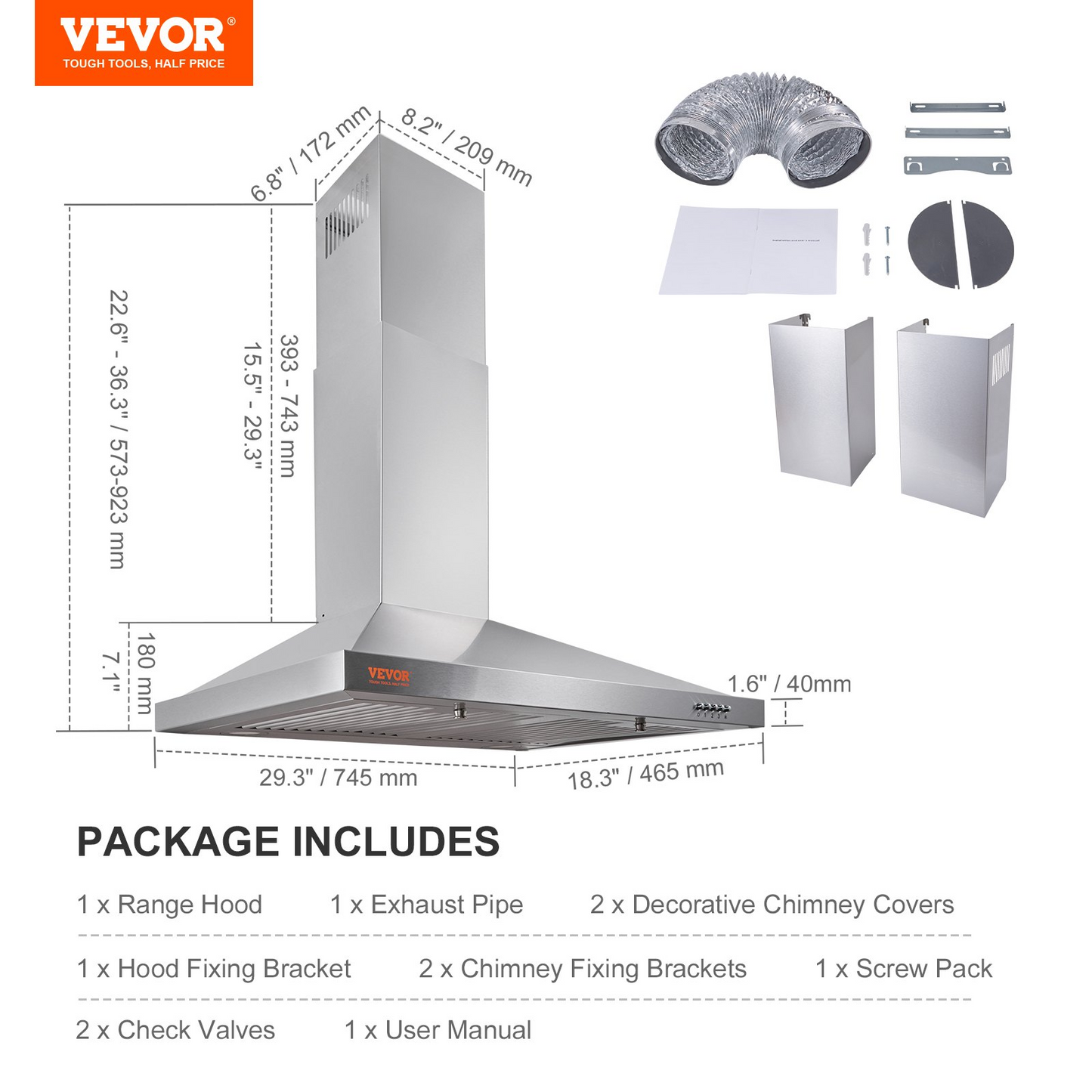 VEVOR Wall Mount Range Hood, Ductless Chimney-Style Kitchen Stove Vent, Stainless Steel Permanent Filter with 3-Speed Exhaust Fan, 2 Baffle Filters, LED Lights, Push Button, Silver (30 inch)