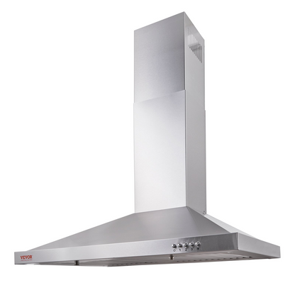 VEVOR Wall Mount Range Hood, Ductless Chimney-Style Kitchen Stove Vent, Stainless Steel Permanent Filter with 3-Speed Exhaust Fan, 2 Baffle Filters, LED Lights, Push Button, Silver (30 inch)