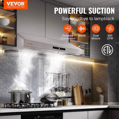 VEVOR Under Cabinet Range Hood, Dual Motors Ductless Kitchen Stove Vent, Stainless Steel Permanent Filter with 3-Speed Exhaust Fan, 2 Baffle Filters, LED Lights, Touch Control Panel, Silver (30 inch)