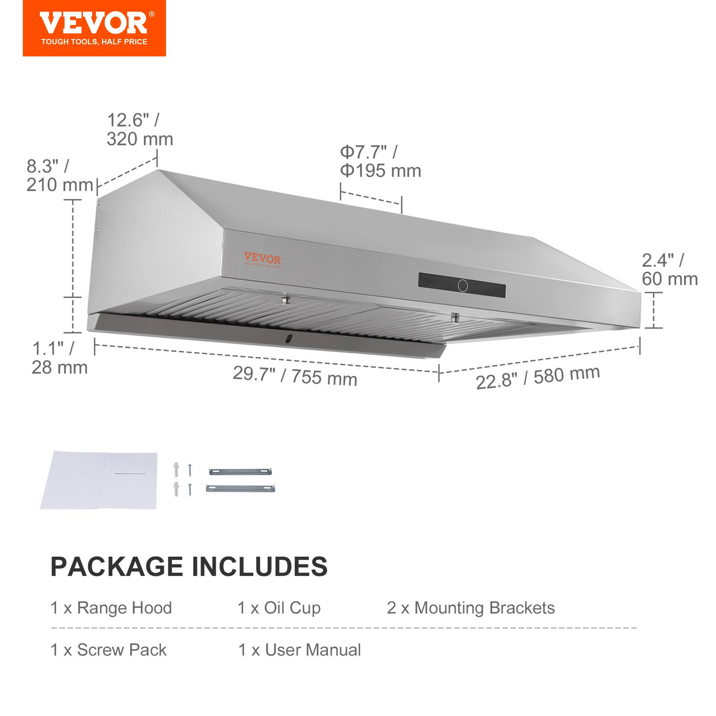 VEVOR Under Cabinet Range Hood, Dual Motors Ductless Kitchen Stove Vent, Stainless Steel Permanent Filter with 3-Speed Exhaust Fan, 2 Baffle Filters, LED Lights, Touch Control Panel, Silver (30 inch)