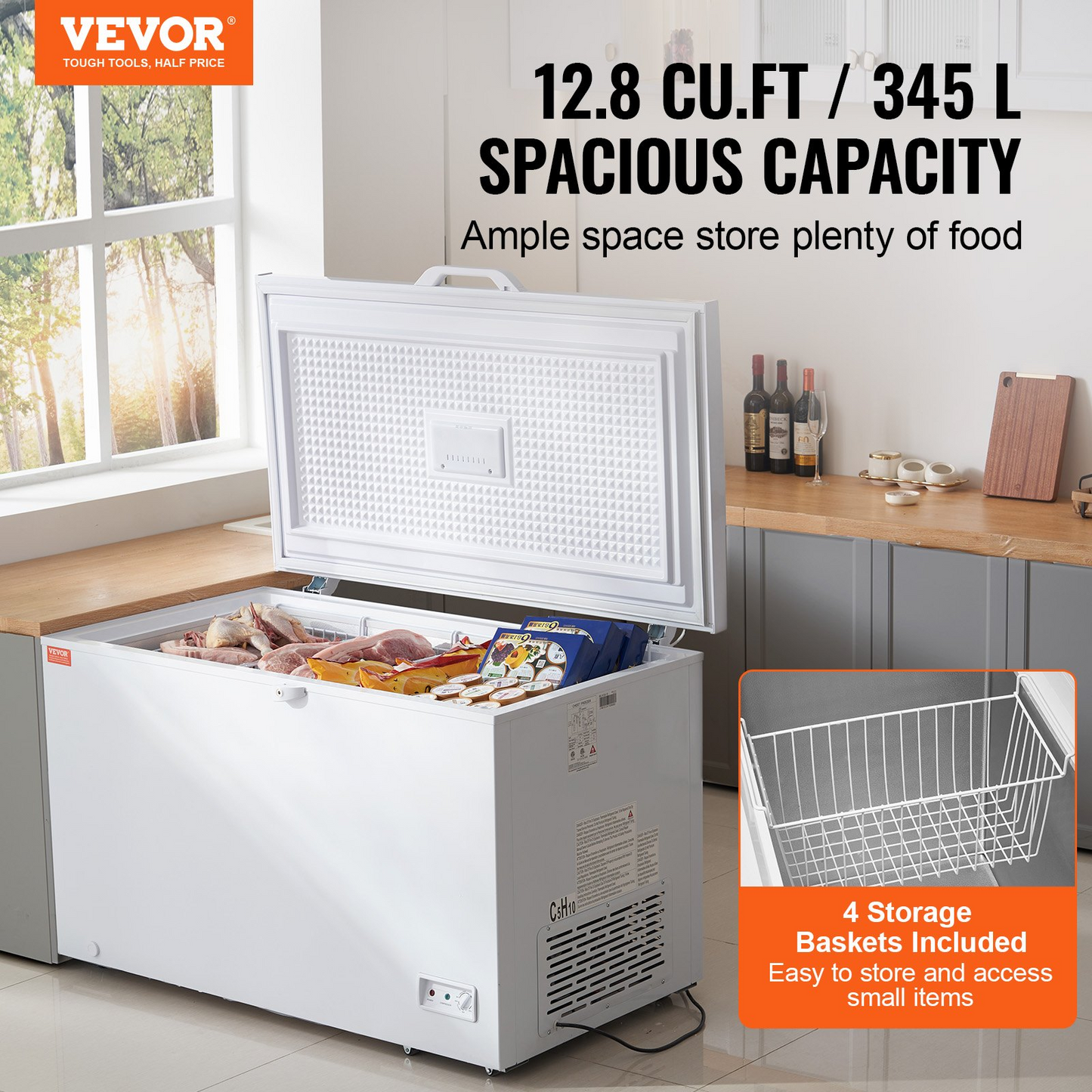 VEVOR Chest Freezer, 12.8 Cu.ft / 345 L Large Deep Freezer & 4 Removable Baskets, Freestanding Top Open Door Commercial Chest Freezers with Locking Lid, 7-Level Adjustable Temp, LED Lighting, 6 Wheels