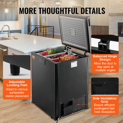 VEVOR Chest Freezer, 5 Cu.ft / 142 L Compact Deep Freezer, Free Standing Top Open Door Compact Freezers with 2 Removable Baskets & Adjustable Thermostat, Energy Saving & Low Noise, Black