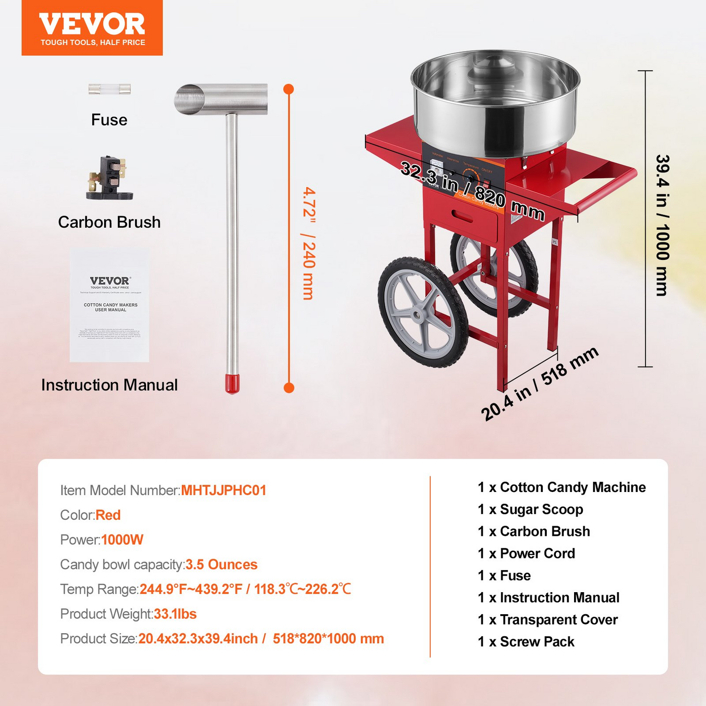 VEVOR Electric Cotton Candy Machine with Cart, 1000W Commercial Candy Floss Maker with Stainless Steel Bowl, Sugar Scoop and Drawer, Perfect for Home, Kids Birthday, Family Party, Red