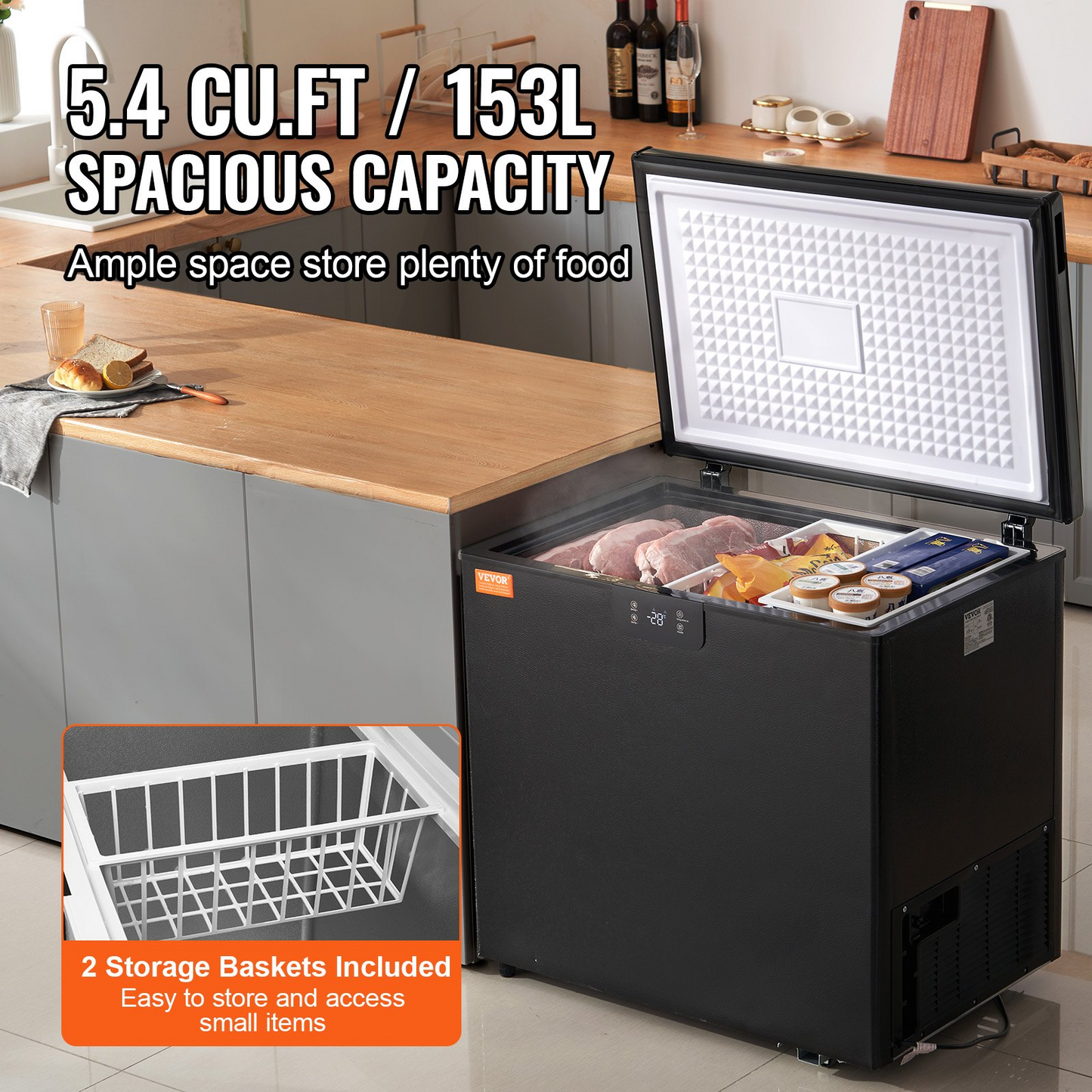 VEVOR Chest Freezer, 7 Cu.ft / 198 L Compact Deep Freezer, Free Standing Top Open Door Compact Freezers with 2 Removable Baskets & Adjustable Thermostat, Energy Saving & Low Noise, Black