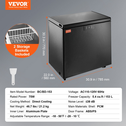 VEVOR Chest Freezer, 7 Cu.ft / 198 L Compact Deep Freezer, Free Standing Top Open Door Compact Freezers with 2 Removable Baskets & Adjustable Thermostat, Energy Saving & Low Noise, Black