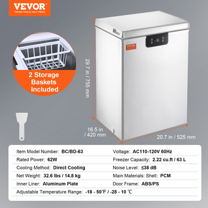 VEVOR Chest Freezer, 3.5 cu.ft / 99 L Compact Deep Freezer, Free Standing Top Open Door Chest Freezers with 2 Removable Baskets & Adjustable Thermostat, Energy Saving & Low Noise, White