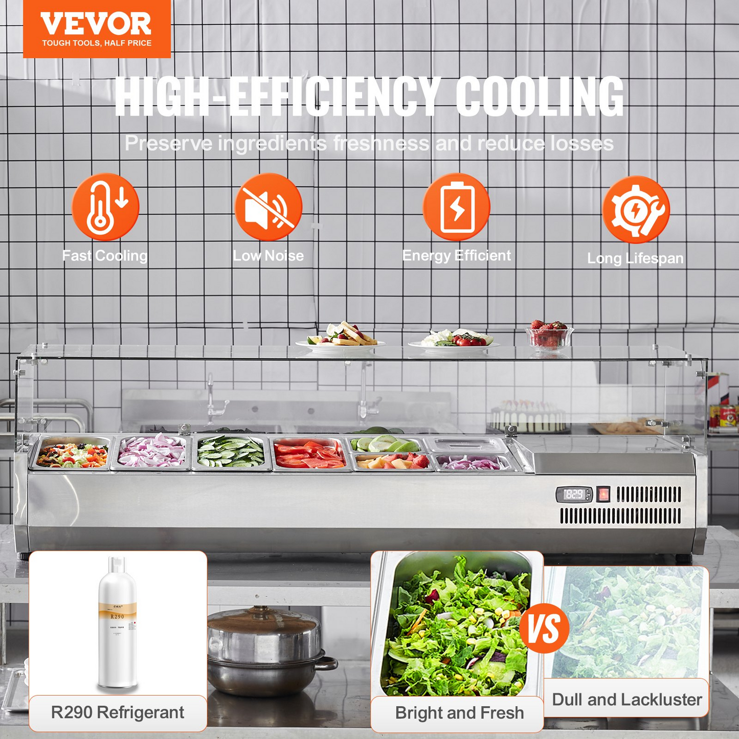 VEVOR Refrigerated Condiment Prep Station, 150 W Countertop Refrigerated Condiment Station, with 4 1/3 Pans & 4 1/6 Pans, 304 Stainless Body and PC Lid, Sandwich Prep Table with Glass Guard, ETL