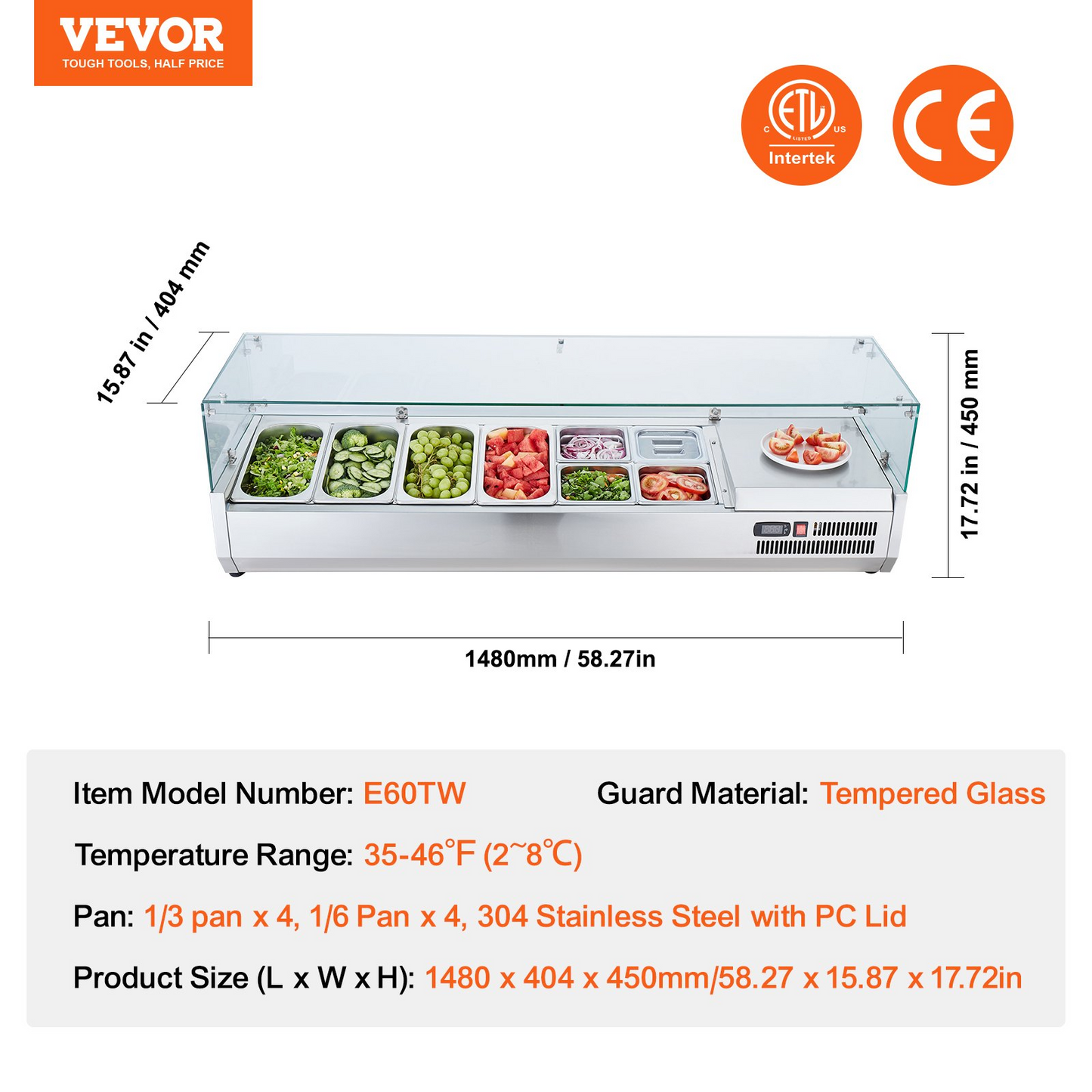 VEVOR Refrigerated Condiment Prep Station, 150 W Countertop Refrigerated Condiment Station, with 4 1/3 Pans & 4 1/6 Pans, 304 Stainless Body and PC Lid, Sandwich Prep Table with Glass Guard, ETL