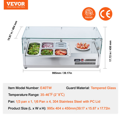 VEVOR Refrigerated Condiment Prep Station, 130 W Countertop Refrigerated Condiment Station, with 1 1/3 Pan & 4 1/6 Pans, 304 Stainless Body and PC Lid, Sandwich Prep Table with Glass Guard, ETL