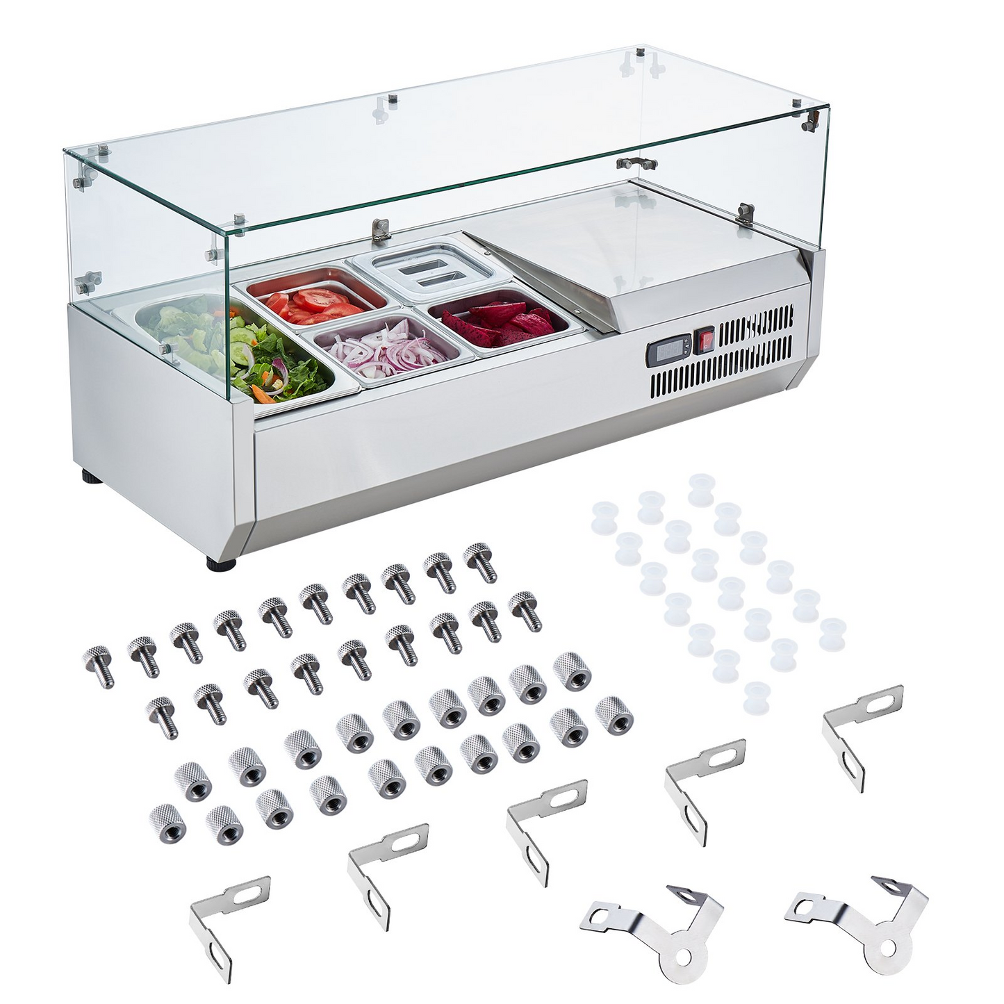 VEVOR Refrigerated Condiment Prep Station, 130 W Countertop Refrigerated Condiment Station, with 1 1/3 Pan & 4 1/6 Pans, 304 Stainless Body and PC Lid, Sandwich Prep Table with Glass Guard, ETL