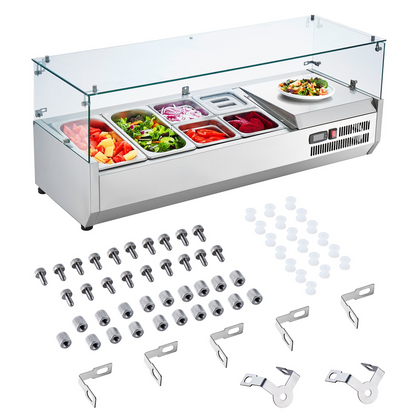 VEVOR Refrigerated Condiment Prep Station, 135 W Countertop Refrigerated Condiment Station, with 2 1/3 Pans & 4 1/6 Pans, 304 Stainless Body and PC Lid, Sandwich Prep Table with Glass Guard, ETL