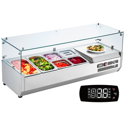 VEVOR Refrigerated Condiment Prep Station, 135 W Countertop Refrigerated Condiment Station, with 2 1/3 Pans & 4 1/6 Pans, 304 Stainless Body and PC Lid, Sandwich Prep Table with Glass Guard, ETL