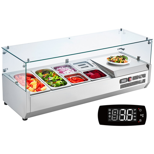 VEVOR Refrigerated Condiment Prep Station, 135 W Countertop Refrigerated Condiment Station, with 2 1/3 Pans & 4 1/6 Pans, 304 Stainless Body and PC Lid, Sandwich Prep Table with Glass Guard, ETL