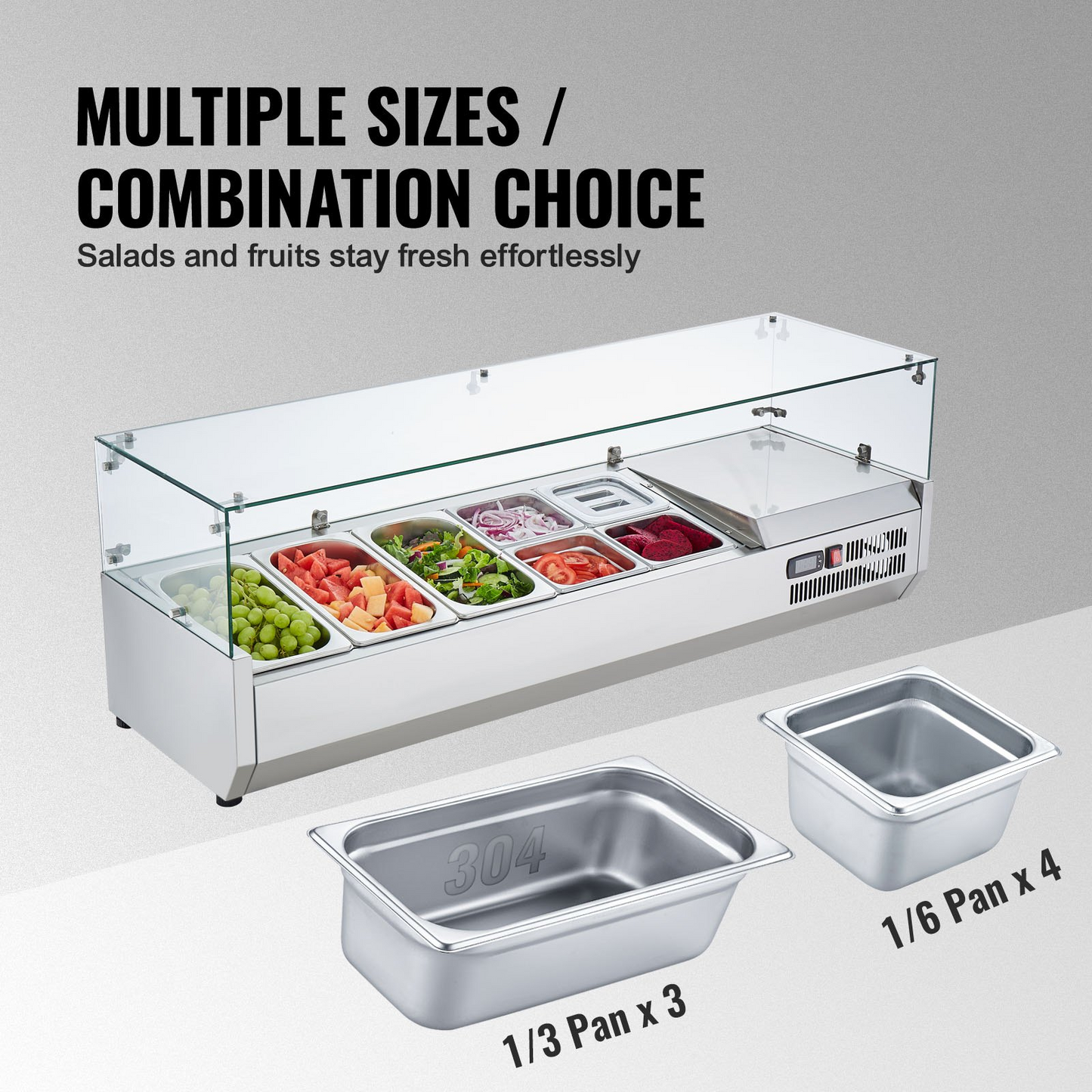 VEVOR Refrigerated Condiment Prep Station, 140 W Countertop Refrigerated Condiment Station, with 3 1/3 Pans & 4 1/6 Pans, 304 Stainless Body and PC Lid, Sandwich Prep Table with Glass Guard, ETL