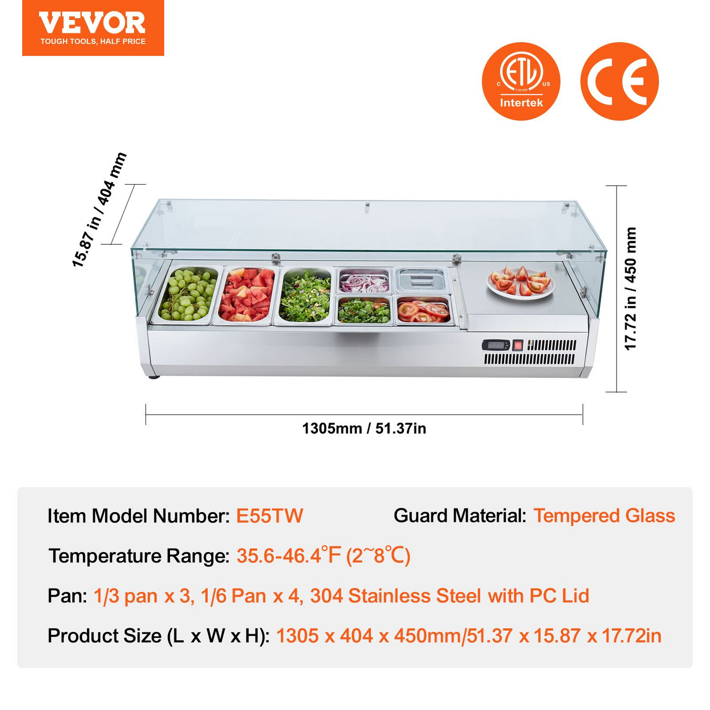 VEVOR Refrigerated Condiment Prep Station, 140 W Countertop Refrigerated Condiment Station, with 3 1/3 Pans & 4 1/6 Pans, 304 Stainless Body and PC Lid, Sandwich Prep Table with Glass Guard, ETL