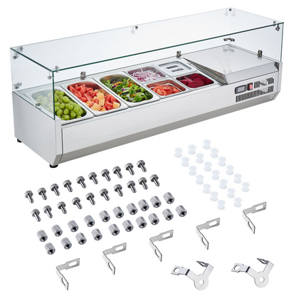 VEVOR Refrigerated Condiment Prep Station, 140 W Countertop Refrigerated Condiment Station, with 3 1/3 Pans & 4 1/6 Pans, 304 Stainless Body and PC Lid, Sandwich Prep Table with Glass Guard, ETL