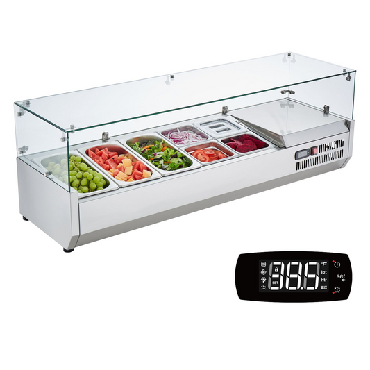 VEVOR Refrigerated Condiment Prep Station, 140 W Countertop Refrigerated Condiment Station, with 3 1/3 Pans & 4 1/6 Pans, 304 Stainless Body and PC Lid, Sandwich Prep Table with Glass Guard, ETL