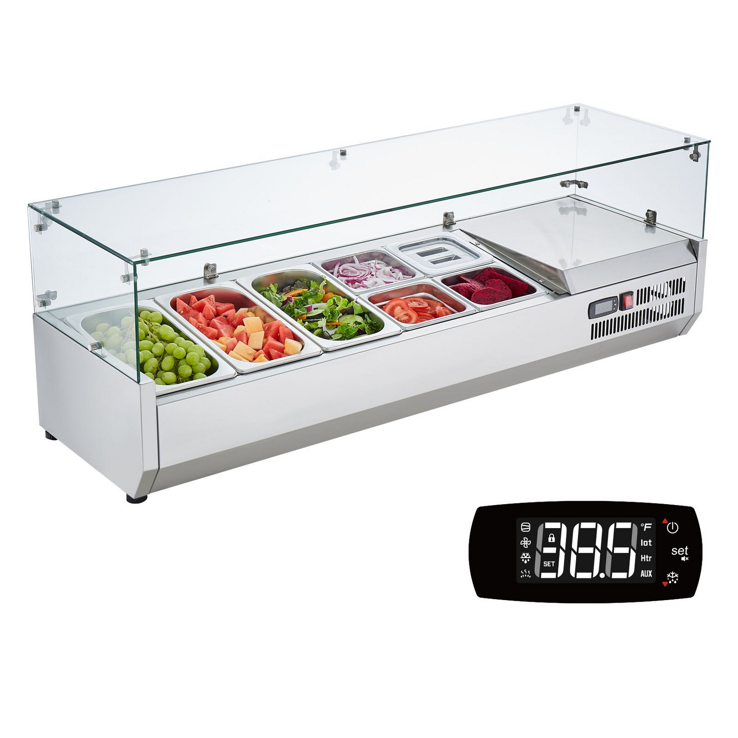 VEVOR Refrigerated Condiment Prep Station, 140 W Countertop Refrigerated Condiment Station, with 3 1/3 Pans & 4 1/6 Pans, 304 Stainless Body and PC Lid, Sandwich Prep Table with Glass Guard, ETL