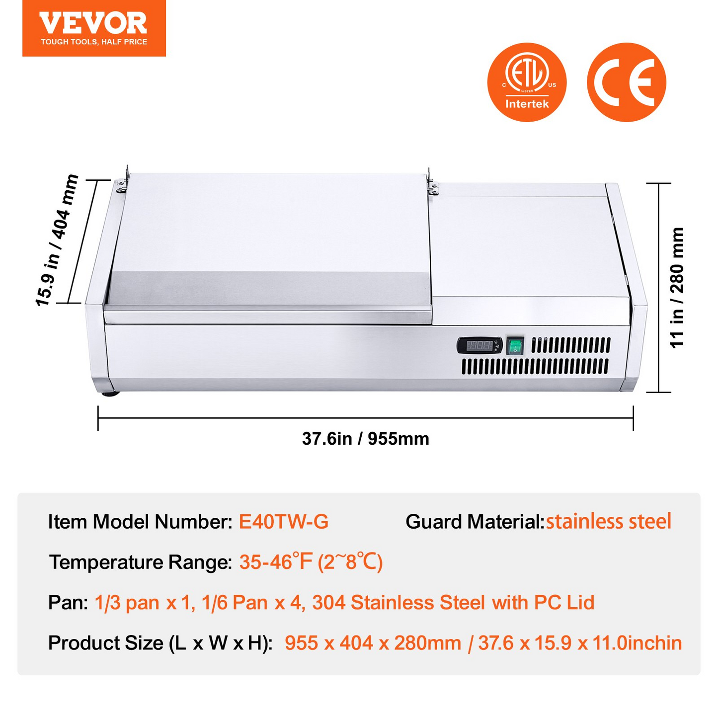 VEVOR Refrigerated Condiment Prep Station, 130 W Countertop Refrigerated Condiment Station, with 1 1/3 Pan & 4 1/6 Pans, 304 Stainless Body and PC Lid, Sandwich Prep Table with Stainless Guard, ETL