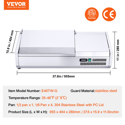 VEVOR Refrigerated Condiment Prep Station, 130 W Countertop Refrigerated Condiment Station, with 1 1/3 Pan & 4 1/6 Pans, 304 Stainless Body and PC Lid, Sandwich Prep Table with Stainless Guard, ETL