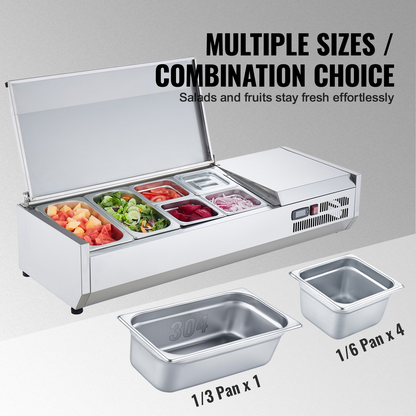 VEVOR Refrigerated Condiment Prep Station, 135 W Countertop Refrigerated Condiment Station, with 2 1/3 Pans & 4 1/6 Pans, 304 Stainless Body and PC Lid, Sandwich Prep Table with Stainless Guard, ETL