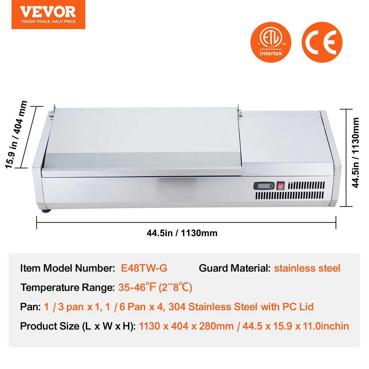 VEVOR Refrigerated Condiment Prep Station, 135 W Countertop Refrigerated Condiment Station, with 2 1/3 Pans & 4 1/6 Pans, 304 Stainless Body and PC Lid, Sandwich Prep Table with Stainless Guard, ETL